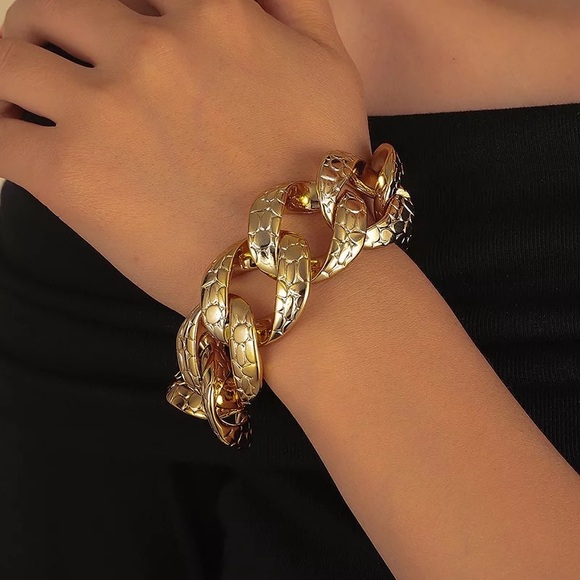 Big Flat Link Chain Metallic Gold Reptile Leopard Flexible Necklace Silver - Picture 11 of 15